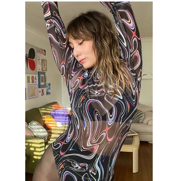 Parade Bodysuit 2pc Bundle Silky Mesh Long Sleeves Space Drip & Metallic Silver - Picture 1 of 10